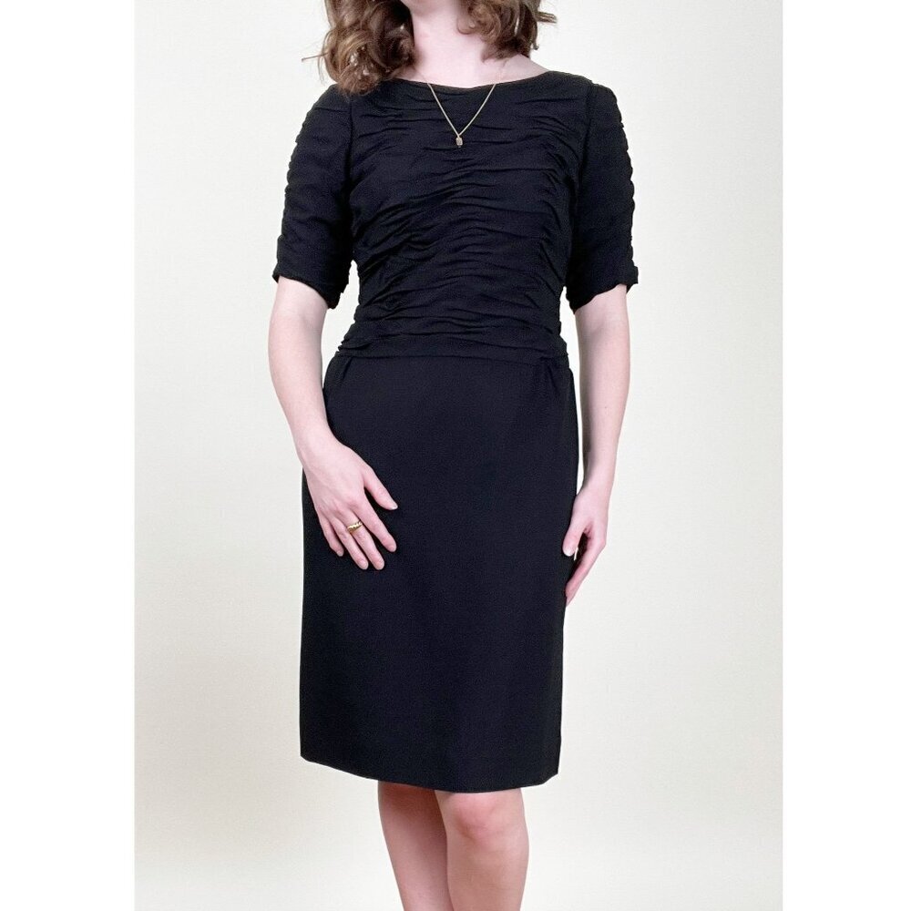 Vintage 1960s Little Black Dress Mini Midi Pleated Drape Preppy Bow Handmade 60s